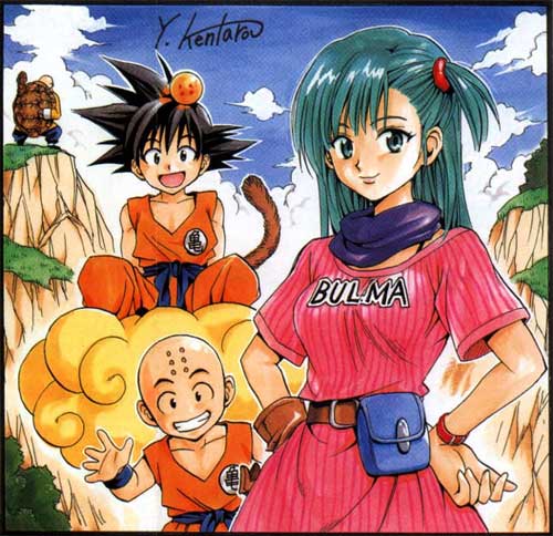 yabuki kentarou, bulma, flying nimbus, kuririn, muten roushi, son goku, dragon ball, dragonball z, lowres, 1girl, 3boys, bald, black hair, blue eyes, blue hair, clothes writing, cloud, dragon ball (object), green eyes, green hair, grin, hands on own hips, happy, long hair, looking at viewer, matching hair/eyes, multiple boys, old, old man, open mouth, outdoors, ruyi jingu bang, short hair, side ponytail, signature, sky, smile, tail, turtle shell, waving