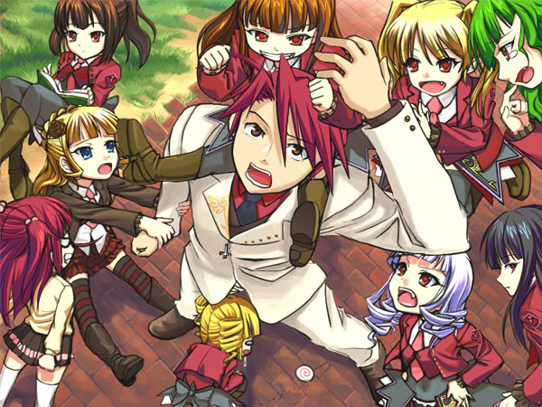 ryukishi07, asmodeus (umineko), beatrice (umineko), beelzebub (umineko), belphegor (umineko), leviathan (umineko), lucifer (umineko), mammon (umineko), satan (umineko), stakes of purgatory, ushiromiya ange, ushiromiya battler, no naku koro ni (series), umineko no naku koro ni, angry, biting, blonde hair, blue eyes, book, brown hair, drill hair, formal clothes, green hair, red eyes, red hair, skirt, smile, suit, tears, white hair