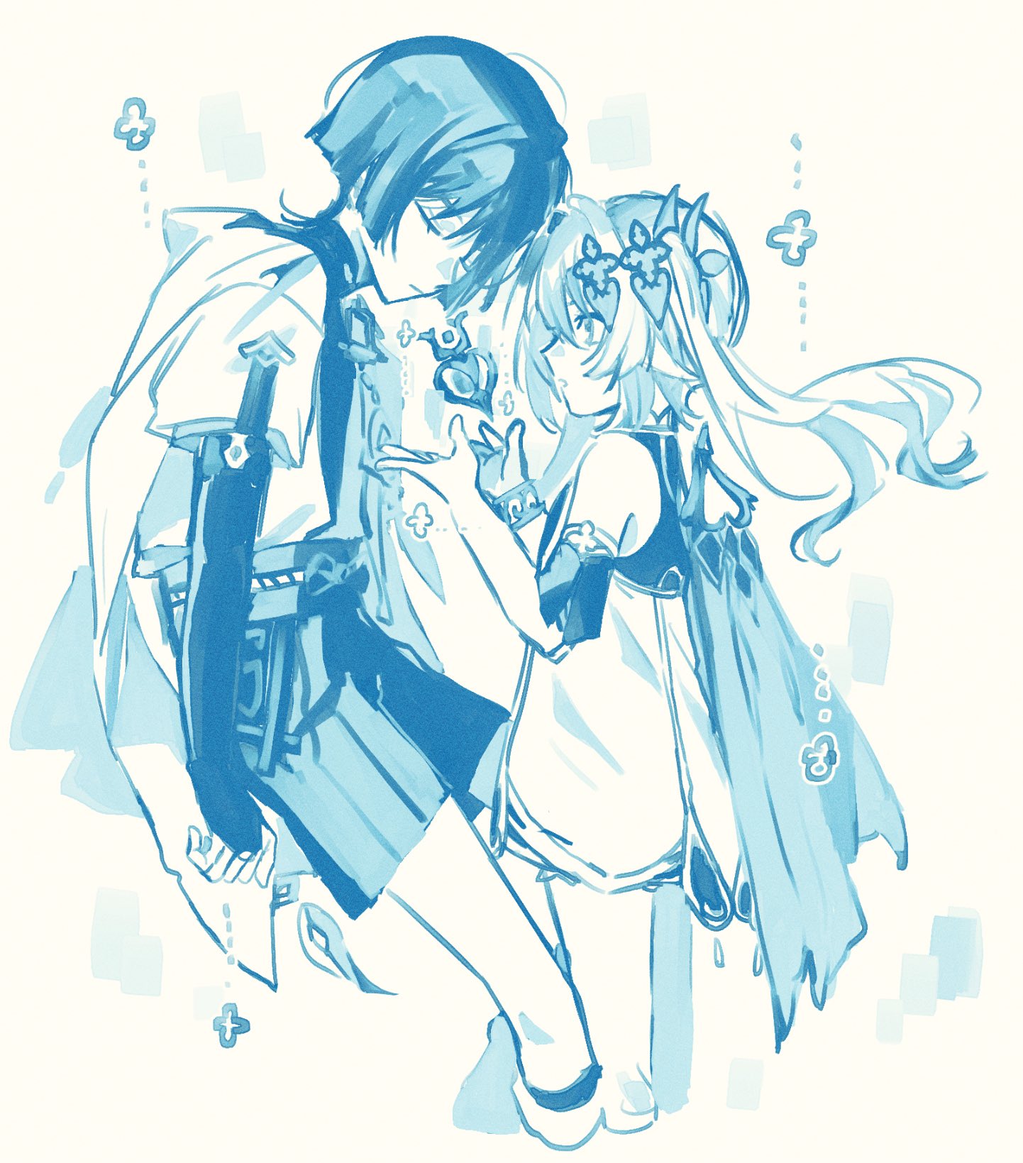 onigiri po 0205, nahida (genshin impact), scaramouche (genshin impact), wanderer (genshin impact), genshin impact, commentary request, highres, spoilers, 1boy, 1girl, arm at side, armlet, belt, blunt ends, bodysuit, bow, bracelet, bridal gauntlets, cape, closed eyes, closed mouth, clothing cutout, core, cropped legs, detached sleeves, dress, eyelashes, facing another, furisode, hands up, hip vent, japanese clothes, jewelry, kimono, layered sleeves, long hair, looking at another, mandarin collar, middle ring, monochrome, open hands, open mouth, pointy ears, rope, sash, short sleeves, shorts, side ponytail, sidelocks, white background, wispy bangs