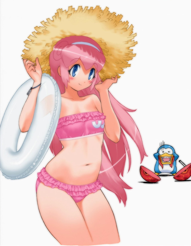 yoshizaki mine, erul tron, konami, otomedius, official art, 1girl, bandeau, bikini, blue eyes, frilled bikini, frills, hairband, hat, innertube, long hair, navel, pink hair, see-through clothes, strapless, straw hat, swim ring, swimsuit, tube top