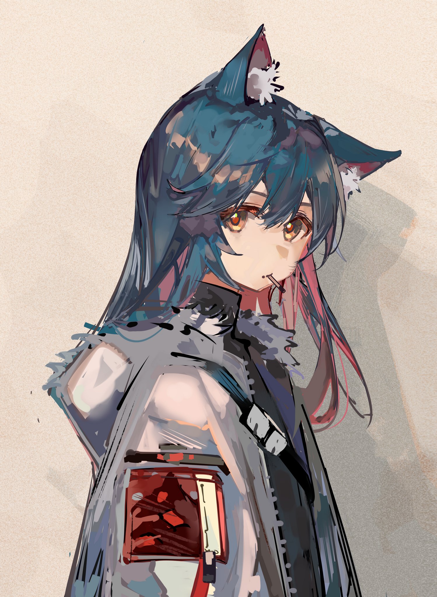 pyyuu, texas (arknights), arknights, commentary, highres, 1girl, animal ear fluff, animal ears, blue hair, closed mouth, double-parted bangs, from side, fur-trimmed jacket, fur trim, grey jacket, hair between eyes, hood, hooded jacket, jacket, long hair, looking at viewer, mouth hold, solo, upper body, wolf ears, wolf girl, yellow eyes