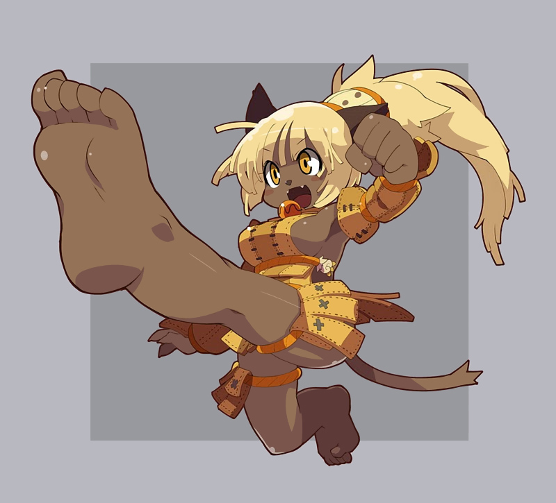 zankuro, ecaflip, wakfu, 1girl, animal ears, barefoot, blonde hair, breasts, cat ears, cat tail, clenched hand, dark-skinned female, dark skin, fangs, feet, female focus, foot focus, foreshortening, kicking, large breasts, long hair, open mouth, ponytail, sideboob, soles, solo, tail, yellow eyes