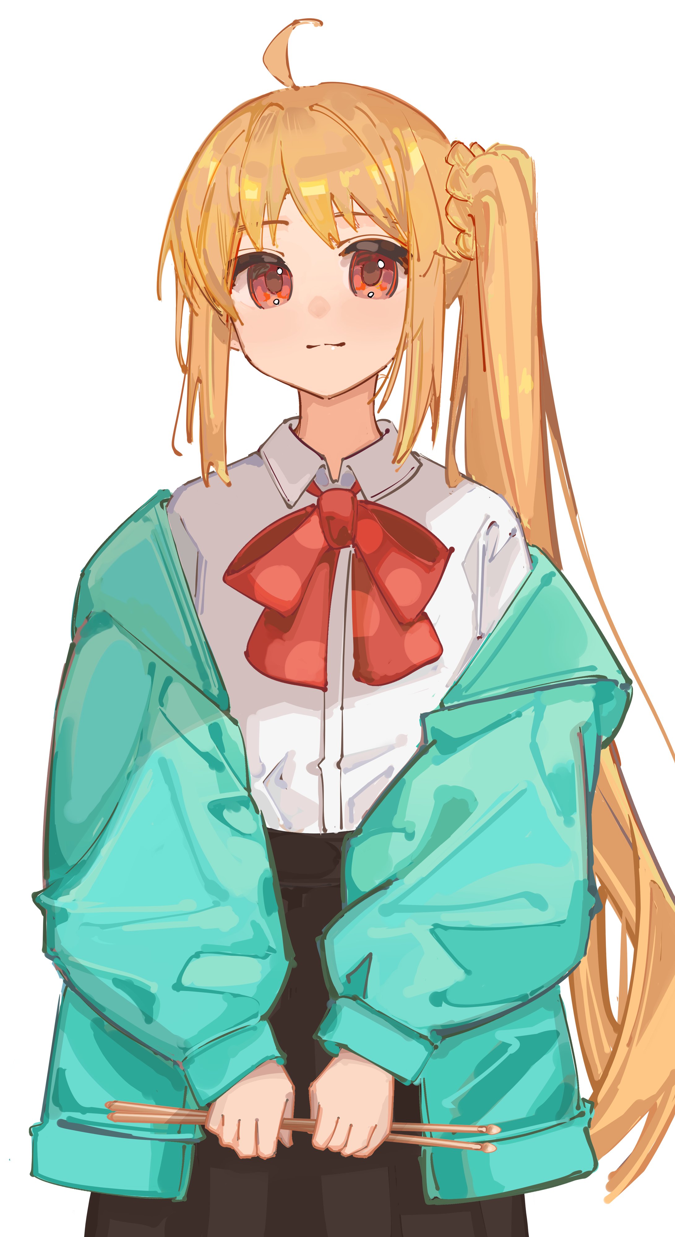 pyyuu, ijichi nijika, bocchi the rock!, absurdres, hashtag-only commentary, highres, 1girl, ahoge, black skirt, blonde hair, bow, bowtie, choppy bangs, closed mouth, cowboy shot, drumsticks, green jacket, holding, holding drumsticks, jacket, jacket partially removed, long hair, long sleeves, looking at viewer, red bow, red bowtie, red eyes, shirt, side ponytail, simple background, skirt, smile, solo, white background, white shirt