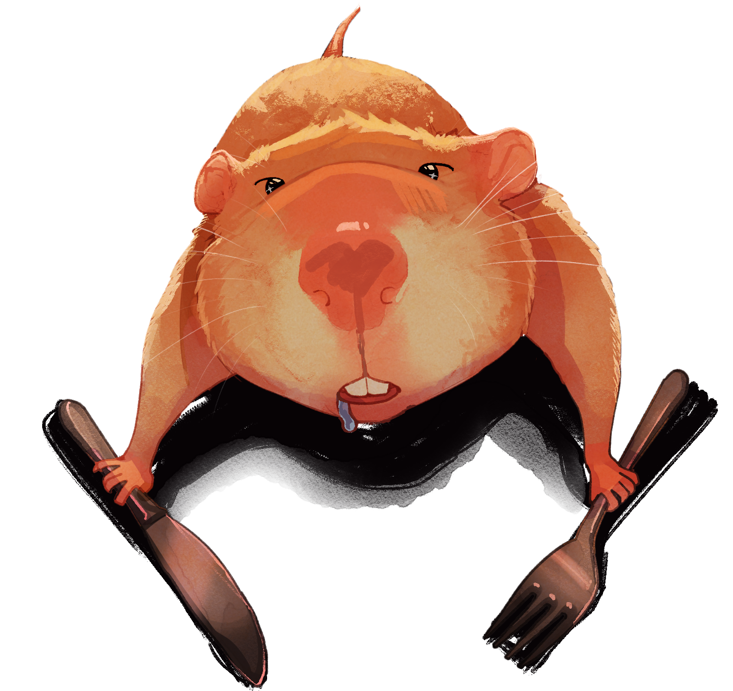 angela he, stop burying me alive beautiful!, highres, non-web source, official art, animal focus, english text, foreshortening, fork, holding, holding fork, holding knife, knife, looking at viewer, mouse (animal), no humans, saliva, shadow, sparkling eyes, text focus, transparent background