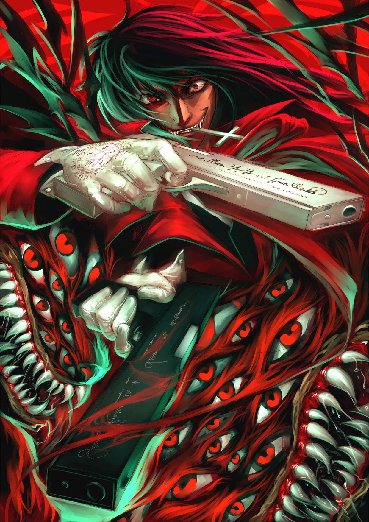 ares (krimsonblood), alucard (hellsing), baskerville, hellsing, highres, 1boy, black hair, casull (hellsing), coat, crazy eyes, cross, dog, dual wielding, epic, evil grin, evil smile, extra eyes, eye focus, fangs, gloves, grin, gun, hair between eyes, handgun, holding, insignia, inverted cross, jackal (hellsing), long hair, male focus, monster, mouth hold, overcoat, pistol, red coat, red eyes, red theme, saliva, sharp teeth, smile, solo, teeth, vampire, weapon, white gloves