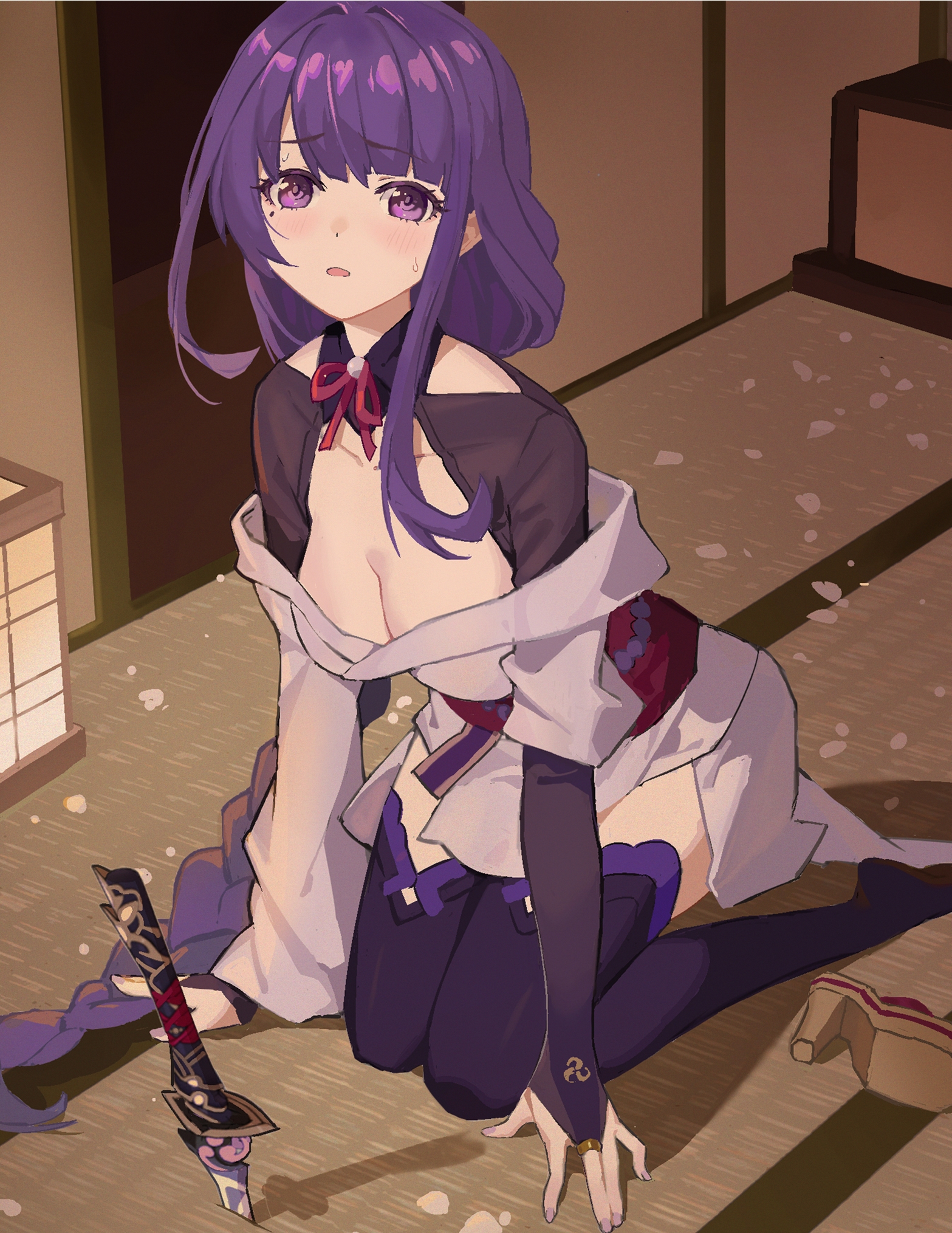 ptdra, raiden shogun, genshin impact, commentary, highres, 1girl, blunt bangs, blush, braid, breasts, cleavage, clothing cutout, collarbone, embarrassed, head tilt, indoors, japanese clothes, katana, kimono, kneeling, large breasts, leaning forward, long braid, long hair, looking at viewer, mole, mole under eye, neck ribbon, nose blush, off shoulder, on floor, open mouth, purple eyes, purple hair, purple kimono, purple thighhighs, red ribbon, red sash, ribbon, sash, shade, shadow, shoulder cutout, single braid, solo, sweatdrop, sword, thighhighs, weapon