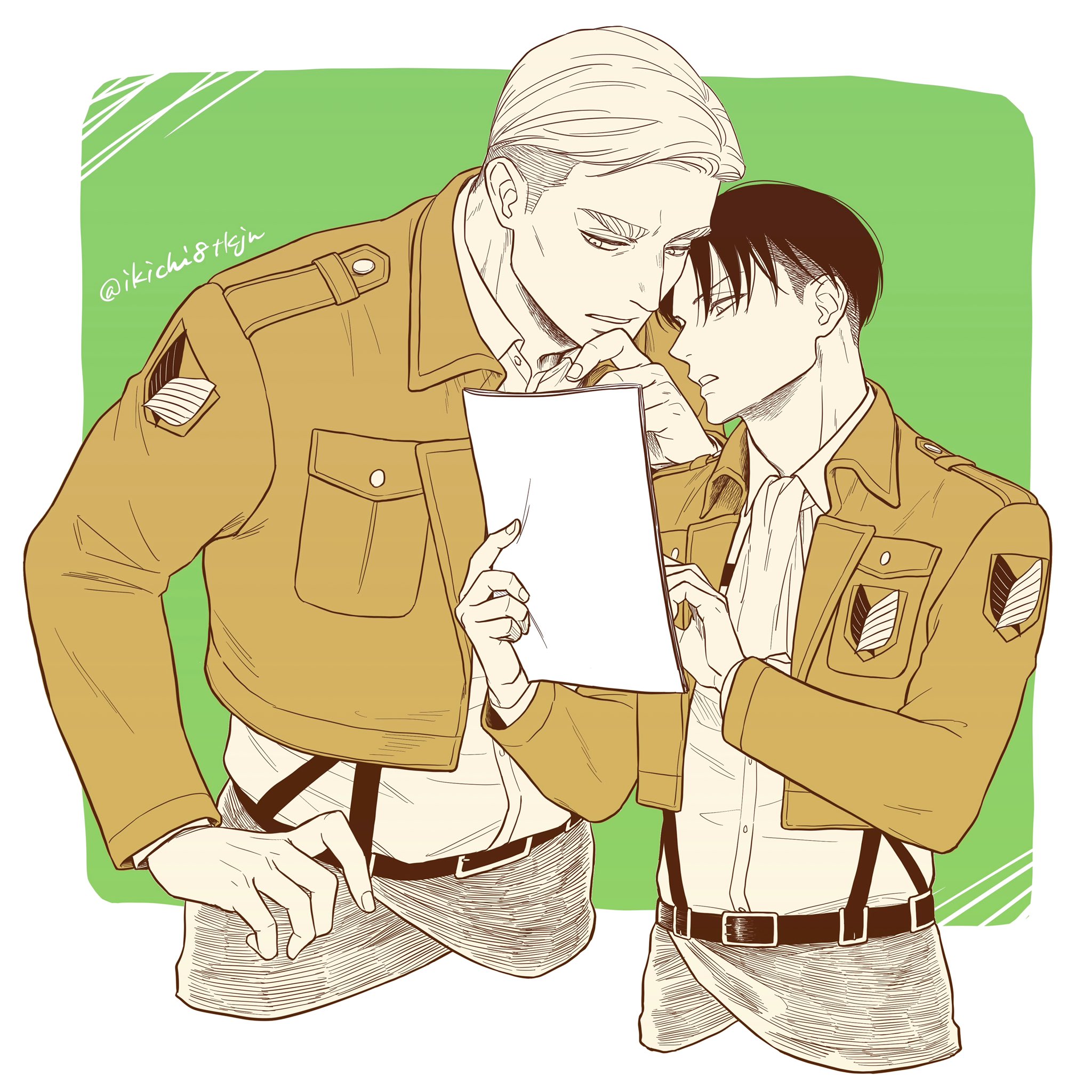 erwin smith, levi (shingeki no kyojin), shingeki no kyojin, commentary request, highres, 2boys, arms up, ascot, belt, belt buckle, breast pocket, brown jacket, buckle, collared jacket, collared shirt, cropped legs, hand on own hip, ikichi8tkjn, jacket, lapels, layered sleeves, looking to the side, male focus, multiple boys, parted lips, pocket, shirt, short hair, short sideburns, sideburns, sideways glance, survey corps (emblem), suspenders, twitter username, white ascot, white shirt, wing collar