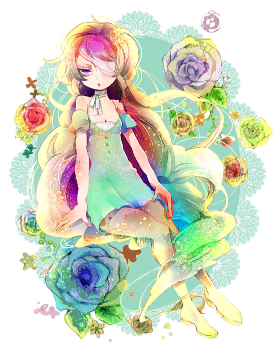 uaki, original, bad id, bad pixiv id, bandages, bare shoulders, blonde hair, choker, dress, eyepatch, flower, long hair, purple eyes, solo, very long hair