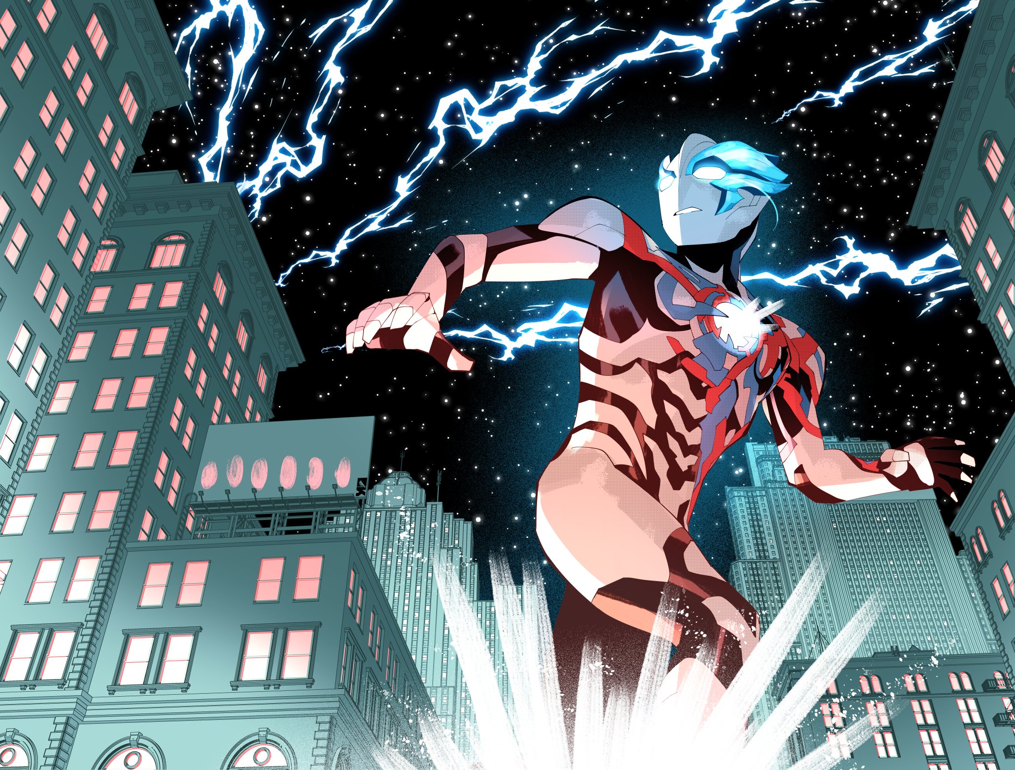 george kambadais, ultraman blazar, ultra series, ultraman blazar (series), commentary, english commentary, highres, 1boy, building, city, energy, from below, giant, looking back, male focus, night, sky, star (sky), starry sky