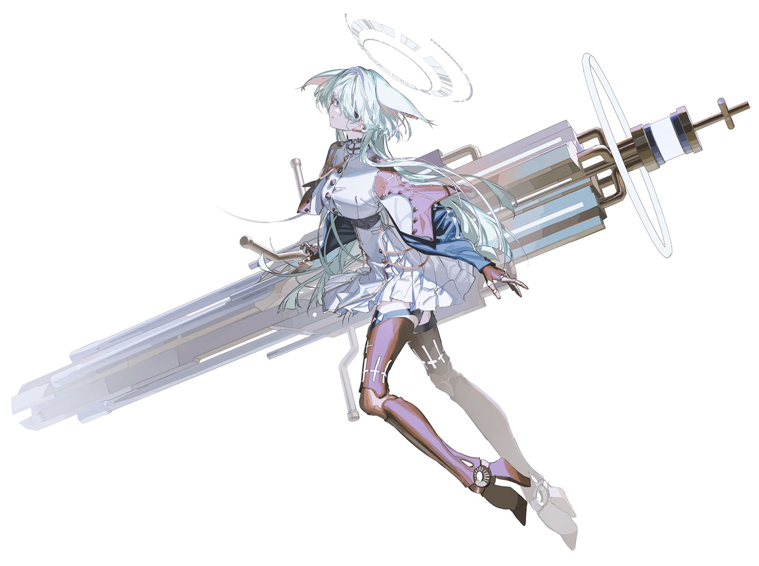 rolua, crymachina, official art, 1girl, android, animal ears, dress, full body, green eyes, green hair, halo, hayim (crymachina), holding, holding weapon, long hair, looking at viewer, railgun, science fiction, short dress, solo, weapon