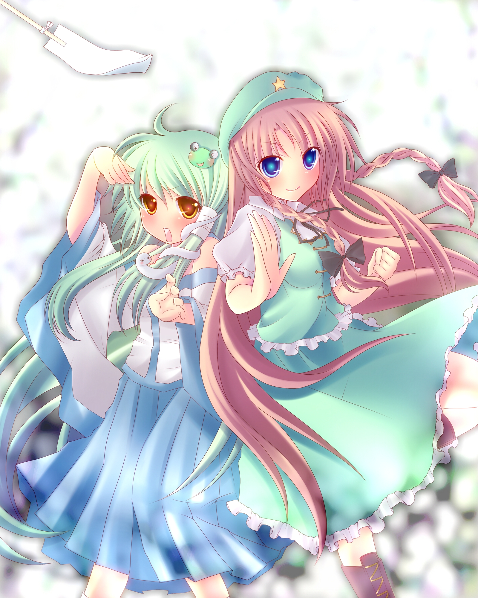 maryquant, hong meiling, kochiya sanae, touhou, bad id, bad pixiv id, highres, 2girls, blue eyes, braid, chinese clothes, detached sleeves, female focus, frog, green hair, hair ornament, hat, japanese clothes, long hair, multiple girls, red hair, skirt, snake, twin braids