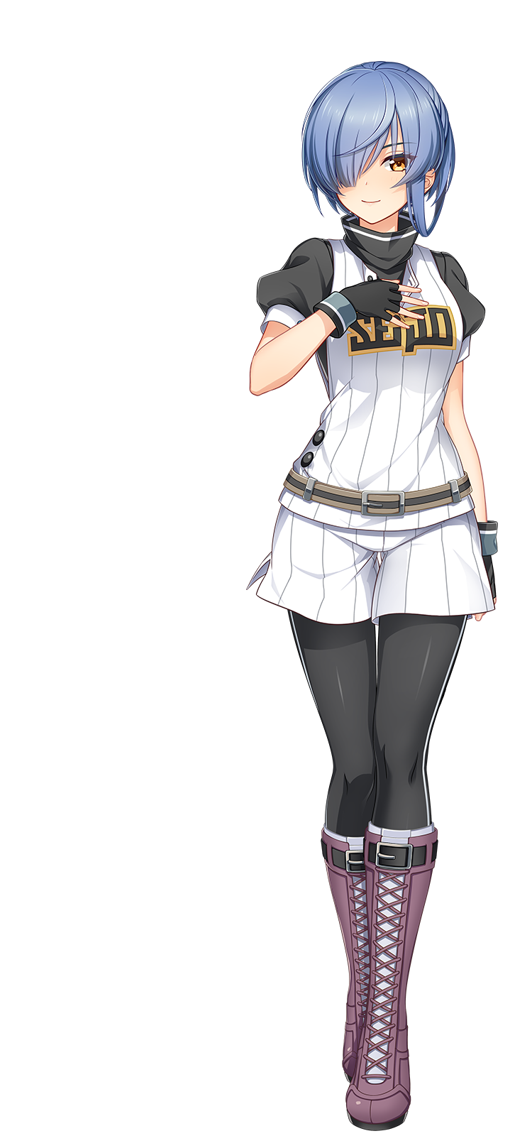 cinderella series, hachigatsu no cinderella nine, artist request, highres, official art, 1girl, baseball uniform, belt, black gloves, black pants, blue hair, boots, brown belt, brown boots, brown eyes, closed mouth, fingerless gloves, gloves, hair over one eye, hand on own chest, light smile, looking at viewer, pants, pants under shorts, seijou baseball uniform, shirt, shirt under shirt, short hair, short sleeves, shorts, solo, sportswear, striped clothes, striped shirt, striped shorts, toudou taira, transparent background, white shirt