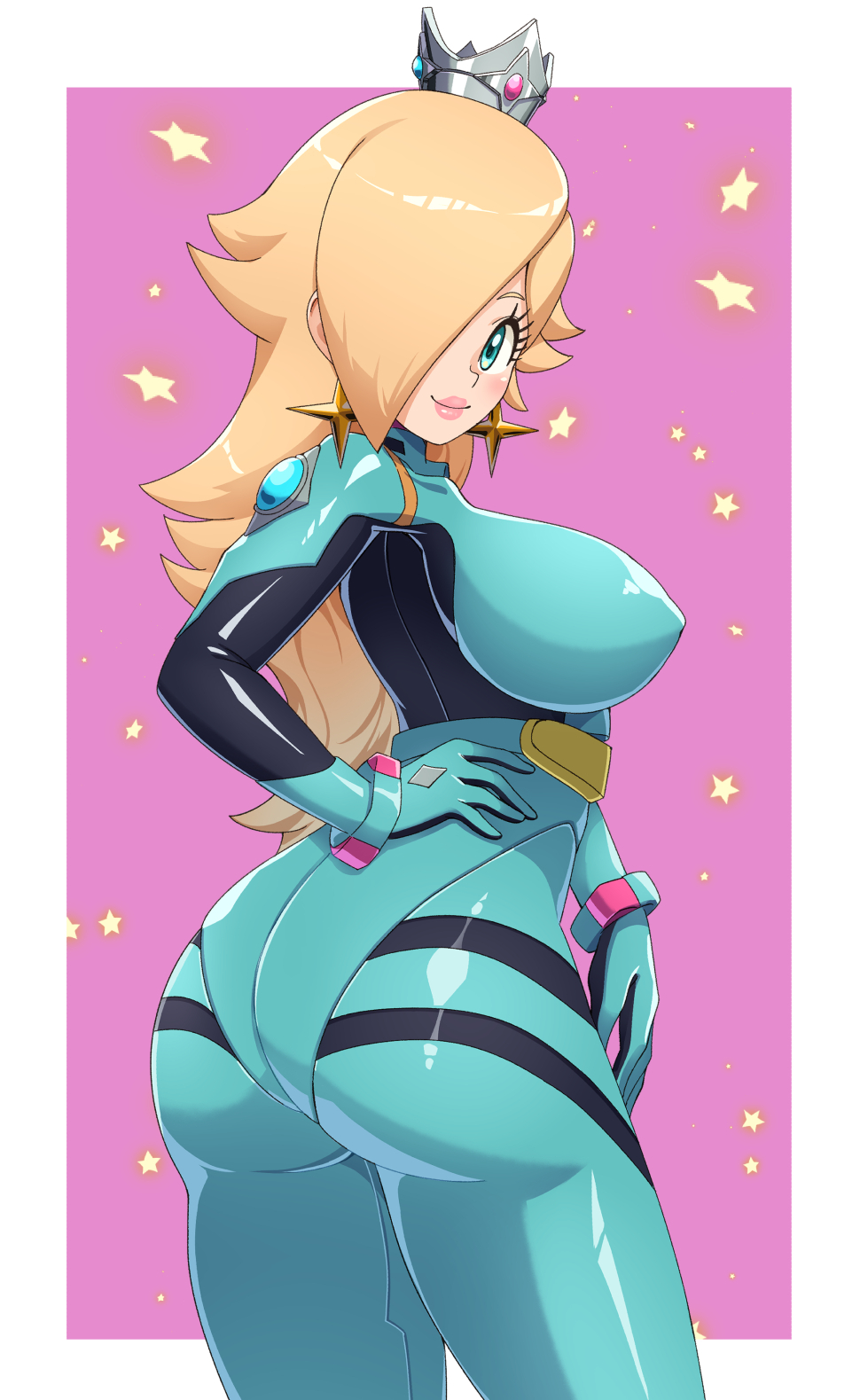 zuchysdraws, rosalina, mario (series), mario kart, nintendo, commentary, english commentary, highres, ass, biker clothes, bikesuit, blonde hair, blue bodysuit, bodysuit, breasts, covered erect nipples, earrings, hair over one eye, hand on own hip, jewelry, large breasts, long hair, looking at viewer, looking back, pink background, silver crown, skin tight, star (symbol), star earrings, thighs