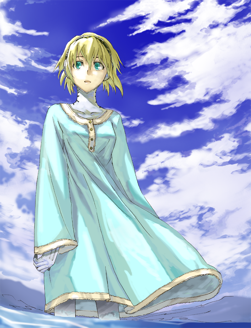 sandwich (artist), tsuchii (ramakifrau), aigis (persona), atlus, persona, persona 3, 1girl, android, blonde hair, blue eyes, cloud, day, dress, female focus, hairband, sky, solo, water