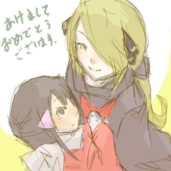 cynthia (pokemon), dawn (pokemon), nintendo, pokemon, pokemon dppt, lowres, translation request, 00s, 2girls, age difference, alternate costume, blonde hair, blue eyes, blue hair, blush, hug, loli, long hair, multiple girls, onee-loli, short hair, winter clothes, yuri