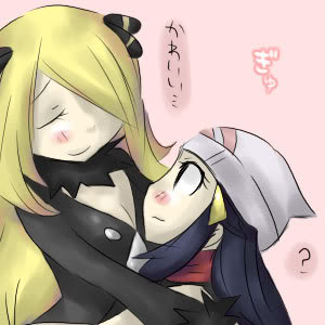cynthia (pokemon), dawn (pokemon), nintendo, pokemon, pokemon dppt, lowres, 00s, 2girls, blonde hair, blue eyes, blue hair, blush, hat, long hair, multiple girls, short hair, yuri