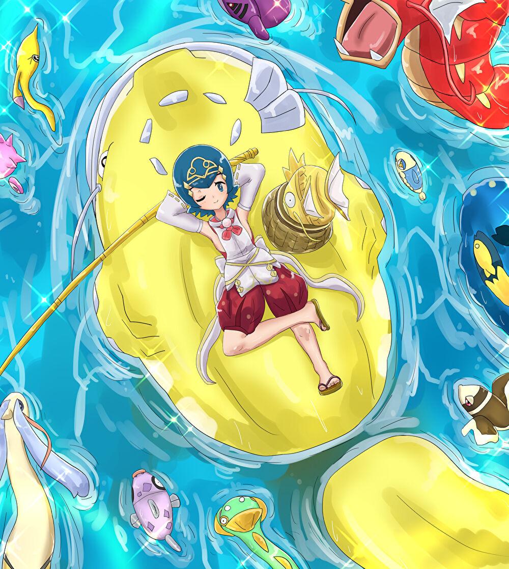 gaoren7, dondozo, feebas, gorebyss, gyarados, huntail, lana (new year's 2026) (pokemon), lana (pokemon), lumineon, magikarp, milotic, wishiwashi, wishiwashi (school), wishiwashi (solo), nintendo, pokemon, pokemon masters ex, commentary request, 1girl, alternate color, arms behind head, blue eyes, blue hair, brown sandals, closed mouth, detached sleeves, fangs, fish, from above, gen 1 pokemon, gen 3 pokemon, gen 4 pokemon, gen 7 pokemon, lying, no sclera, official alternate costume, on back, one eye closed, open mouth, pokemon (creature), red shorts, riding, riding pokemon, sandals, shiny pokemon, shirt, short hair, shorts, smile, sparkle, water, white shirt