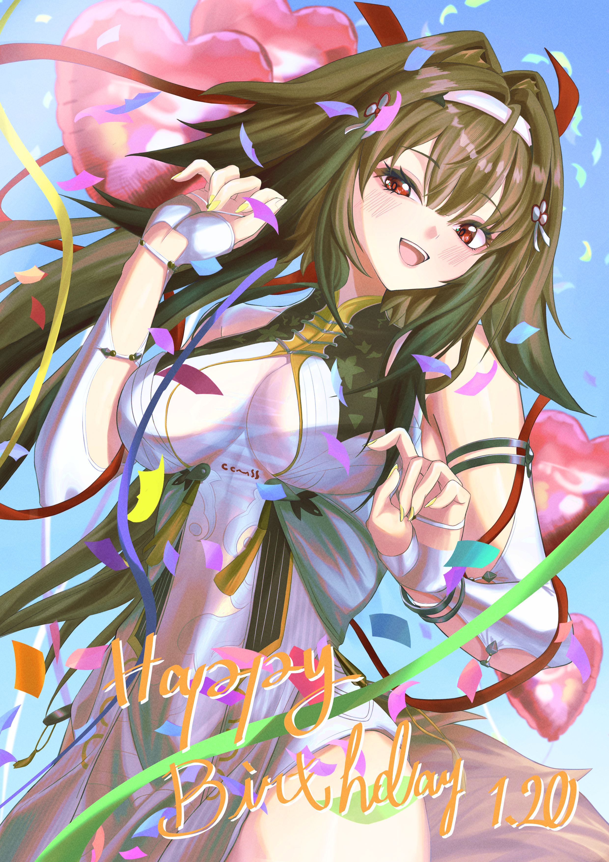 tkm-kagepuro, ye shunguang, zenless zone zero, absurdres, commentary, commentary request, english commentary, highres, mixed-language commentary, 1girl, animal ear fluff, animal ears, armlet, balloon, bare shoulders, birthday, blue sky, blush, bracelet, breasts, brown hair, brown tail, china dress, chinese clothes, collarbone, confetti, dated, dress, droopy ears, hairband, hands up, happy birthday, heart balloon, jewelry, large breasts, long hair, looking at viewer, metal bracelet, open mouth, outdoors, red eyes, silver armlet, silver bracelet, sky, solo, tail, upper body, very long hair, white dress, white hairband