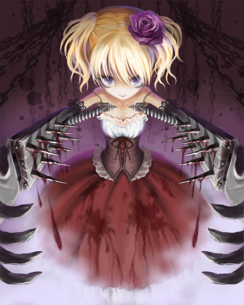 springs, ume (illegal bible), original, 1girl, apega, blonde hair, blood, blue eyes, claws, doll joints, eyelashes, female focus, flower, hair ornament, joints, no lineart, no nose, rose, short hair, short twintails, smile, solo, spikes, spring (object), staring, twintails