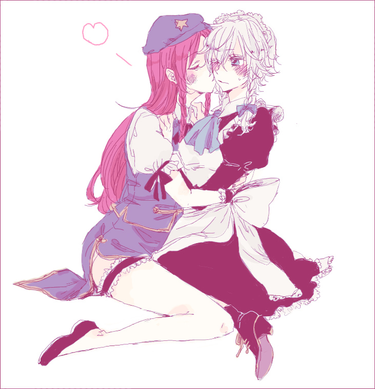 se (krk), sekawa (krk), hong meiling, izayoi sakuya, embodiment of scarlet devil, touhou, silver hair, bad id, bad pixiv id, 2girls, apron, blush, boots, braid, chinese clothes, closed eyes, female focus, frills, hat, high heels, hug, kiss, kissing cheek, maid, maid apron, maid headdress, multiple girls, red hair, ribbon, shoes, simple background, sitting, skirt, sweatdrop, twin braids, wince, yuri