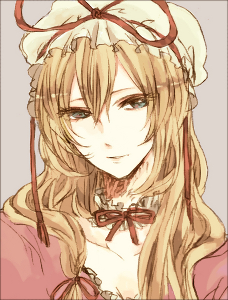 se (krk), sekawa (krk), yakumo yukari, touhou, bad id, bad pixiv id, 1girl, blonde hair, blue eyes, breasts, choker, cleavage, eyebrows hidden by hair, female focus, hair between eyes, hat, hat ribbon, mob cap, portrait, purple background, ribbon, simple background, smile, solo