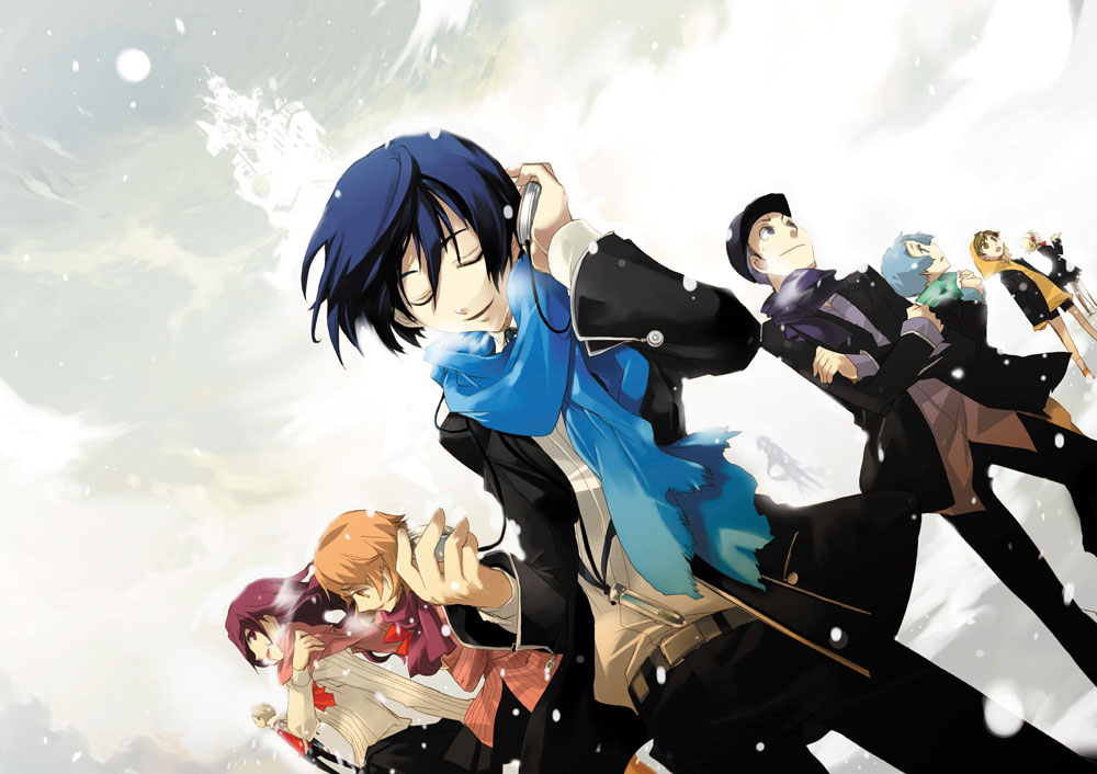 kouen, aigis (persona), amada ken, iori junpei, kirijou mitsuru, mochizuki ryouji, sanada akihiko, takeba yukari, yamagishi fuuka, yuuki makoto (persona 3), atlus, persona, persona 3, brown legwear, 4boys, 4girls, blue hair, brown hair, cardigan, closed eyes, hat, headphones, long hair, multiple boys, multiple girls, pantyhose, red hair, s.e.e.s, scarf, school uniform, short hair, smile, snow