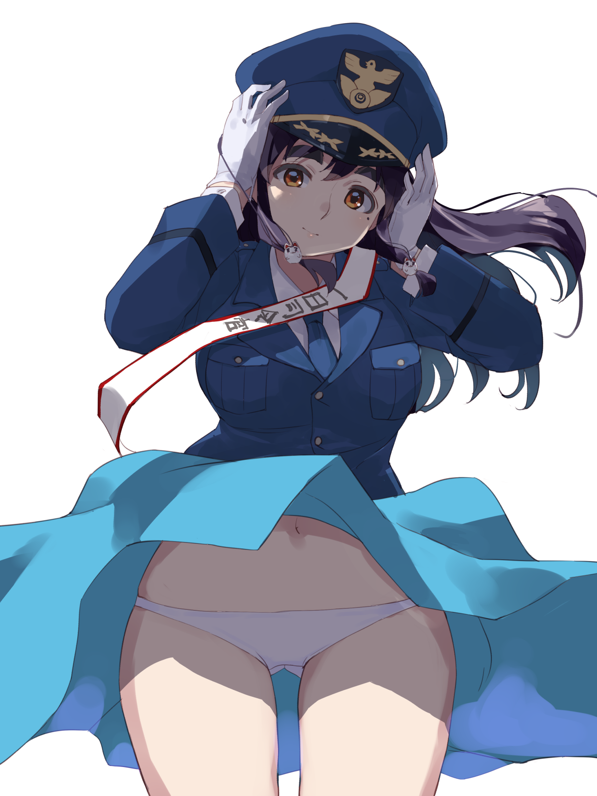 coveredcore, sonic wings, commentary request, highres, 1girl, black hair, blue jacket, blue necktie, breasts, cat hair ornament, clothes lift, collared shirt, cowboy shot, dress, dress lift, gloves, gluteal fold, hair ornament, hands on own head, hat, jacket, large breasts, long hair, long sleeves, looking at viewer, mao mao (sonic wings), mole, mole under eye, navel, necktie, panties, pantyshot, peaked cap, pilot, pilot uniform, sash, shirt, shoulder sash, sidelocks, smile, solo, suit jacket, thick eyebrows, thigh gap, underwear, white background, white gloves, white panties, white shirt, wind, wind lift