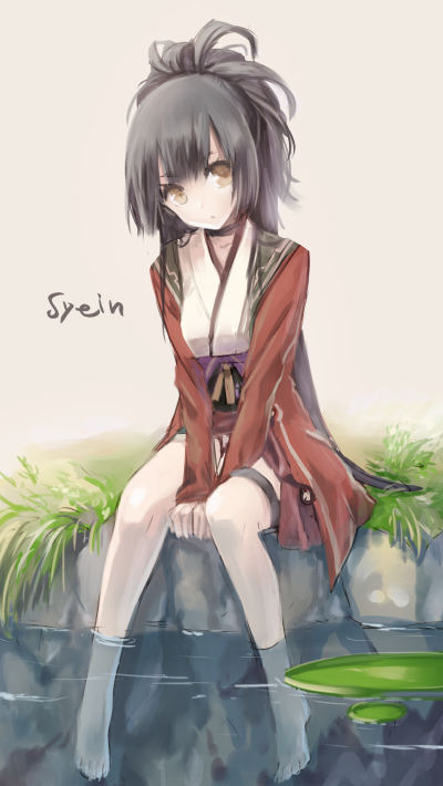 sacanahen, shane (grimms notes), shane (original) (grimms notes), grimms notes, commentary request, 1girl, barefoot, black choker, black hair, breasts, brown jacket, character name, choker, full body, grass, high ponytail, jacket, long hair, looking to the side, open clothes, open jacket, ponytail, simple background, sitting, soaking feet, solo, typo, very long hair, water, white background, yellow eyes