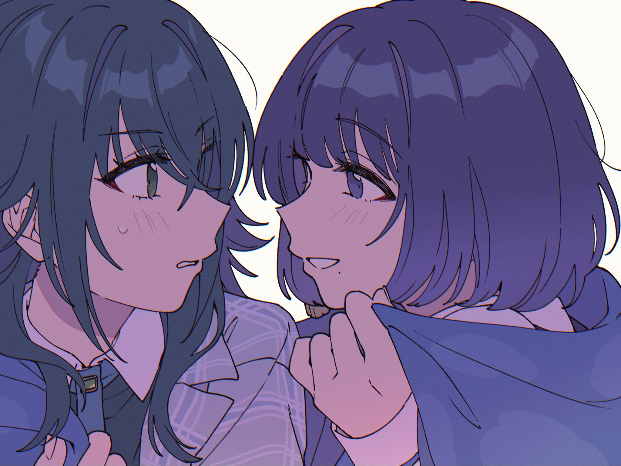 niyororinpayamaru, hataya misuzu, tsukimura temari, gakuen idolmaster, idolmaster, commentary request, highres, 2girls, blanket, blazer, blue jacket, collared shirt, crossed bangs, green eyes, green hair, green shirt, holding, holding blanket, jacket, lapels, long hair, looking at another, mole, mole under mouth, multiple girls, notched lapels, open mouth, profile, purple eyes, purple hair, shirt, short hair, sidelocks, simple background, smile, sweatdrop, teeth, white background, wispy bangs, yuri