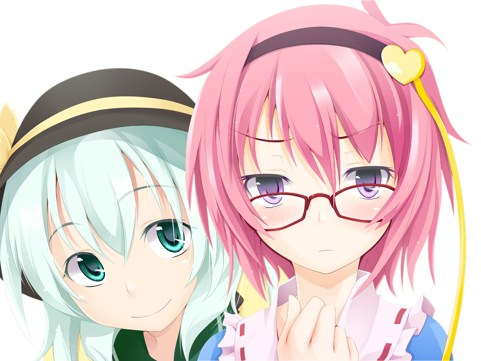 ogami kazuki, komeiji koishi, komeiji satori, touhou, bad id, bad pixiv id, highres, 2girls, aqua eyes, aqua hair, bespectacled, female focus, frown, glasses, heart, multiple girls, pink hair, purple eyes, red-framed eyewear, siblings, sisters, smile