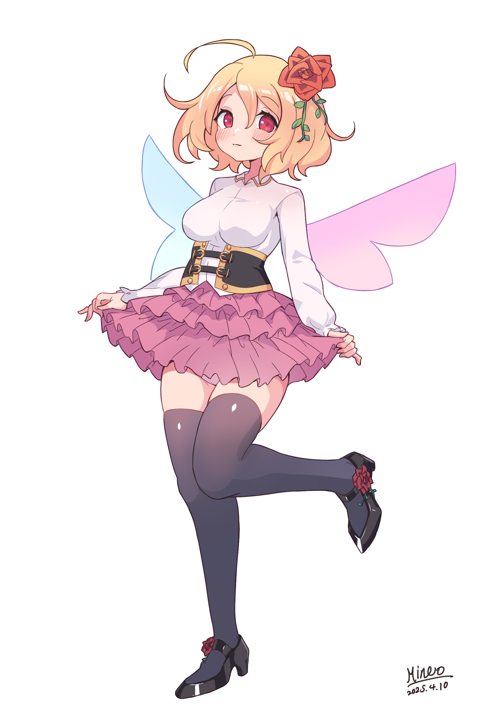 damarinasai (mineo), hime (orange juice), absurdres, chinese commentary, commentary request, highres, 100 orange juice, 1girl, ahoge, alternate costume, artist name, black thighhighs, blonde hair, blue eyes, blush, breasts, dated, flower, frilled skirt, frills, full body, hair between eyes, hair flower, hair ornament, leg lift, leg up, long hair, looking at viewer, medium breasts, red eyes, red flower, red rose, rose, shoes, signature, simple background, skirt, skirt hold, solo, standing, standing on one leg, thighhighs, white background, wings, zettai ryouiki