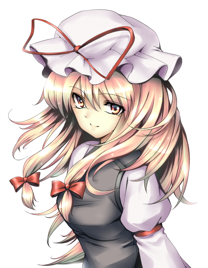 takemori shintarou, yakumo yukari, touhou, eyebrows, bad id, bad pixiv id, 1girl, blonde hair, bow, closed mouth, female focus, frills, hair between eyes, hair bow, hat, long hair, looking at viewer, mob cap, orange eyes, puffy sleeves, red bow, red ribbon, ribbon, simple background, smile, solo, upper body, white background, white hat, yellow eyes