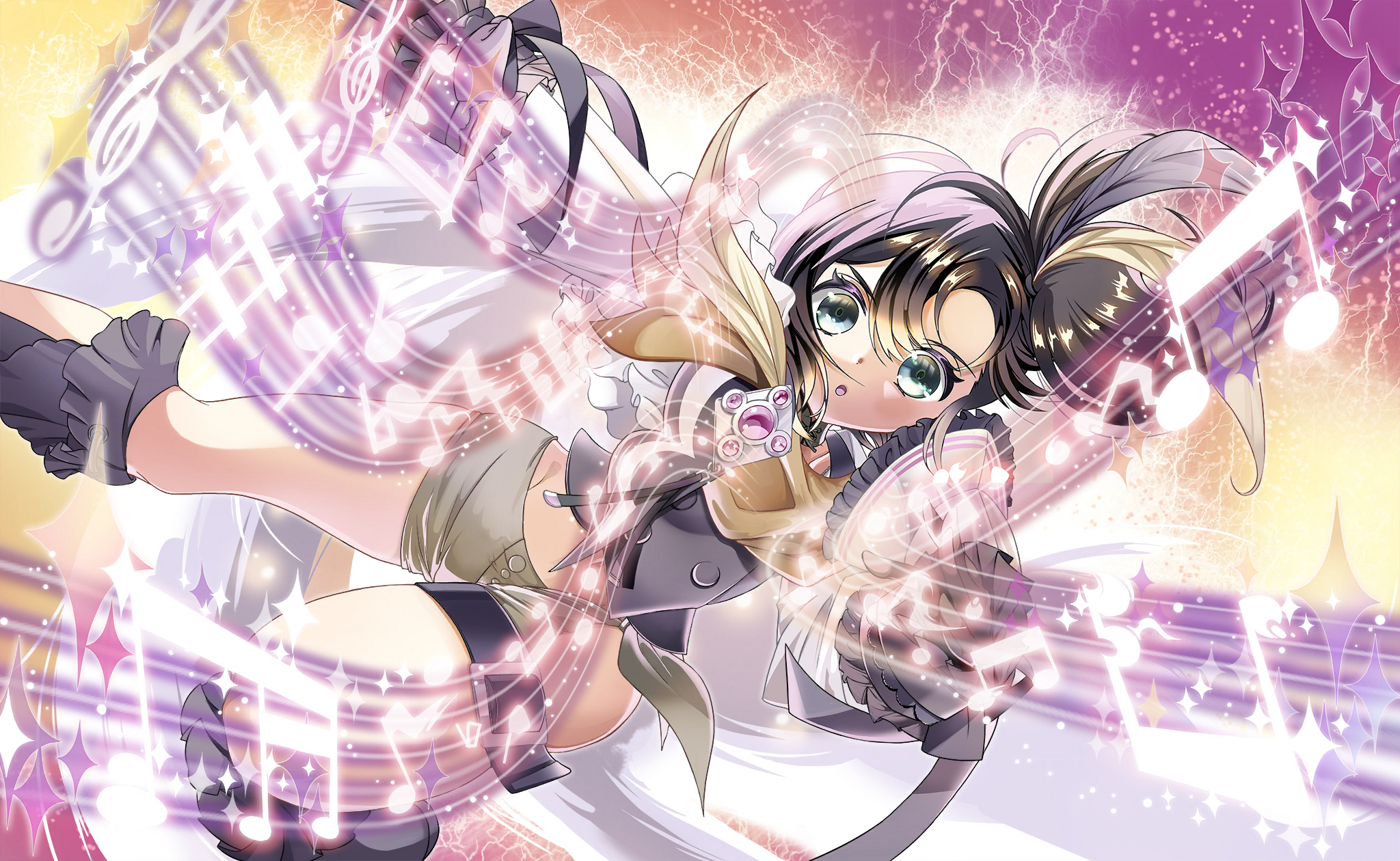 asako koito, mahou shoujo madoka magica, mahou shoujo madoka magica magia exedra, mahou shoujo oriko magica, artist request, game cg, highres, official art, third-party source, 1girl, belt, belt buckle, black belt, black gloves, black hair, black shirt, black socks, blue eyes, brooch, buckle, buttons, clothing cutout, cropped shirt, determined, feet out of frame, frilled jacket, frilled sleeves, frilled socks, frills, furrowed brow, gem, gloves, green shorts, high side ponytail, jacket, jewelry, kneehighs, leg cutout, light particles, long hair, long sleeves, magic, magical girl, midriff, musical note, musical staff, open clothes, open jacket, pink gem, purple background, scarf, shirt, short shorts, short side ponytail, shorts, sleeve cuffs, socks, solo, tareme, thigh belt, thigh strap, two-tone background, white jacket, yellow background, yellow scarf