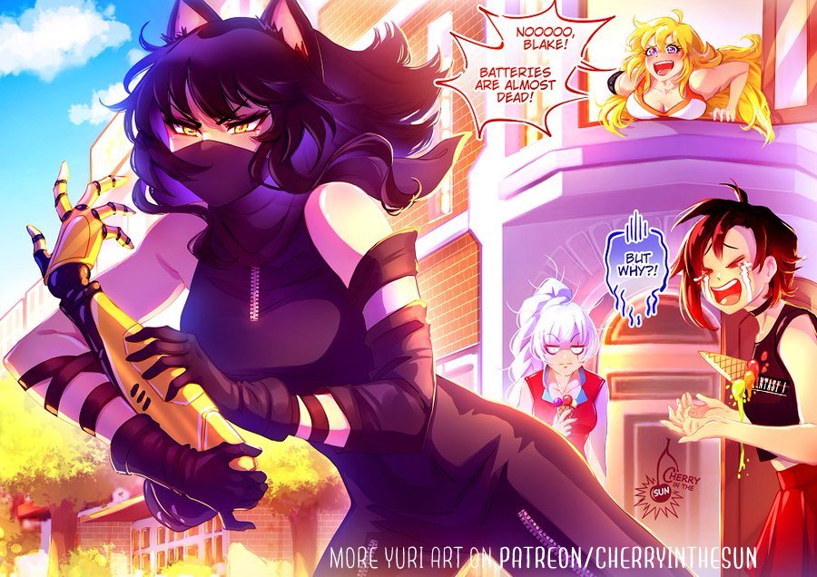 cherry in the sun, blake belladonna, ruby rose, weiss schnee, yang xiao long, rwby, commentary, english commentary, !, 4girls, animal ears, artist name, black hair, blonde hair, braid, braided ponytail, breasts, building, cat ears, cat girl, choker, cloud, crying, day, dropped food, english text, food, gloves, ice cream, large breasts, long hair, mask, multiple girls, open mouth, outdoors, patreon username, prosthesis, prosthetic arm, red hair, short hair, speech bubble, teeth, tongue, watermark, white hair, yellow eyes