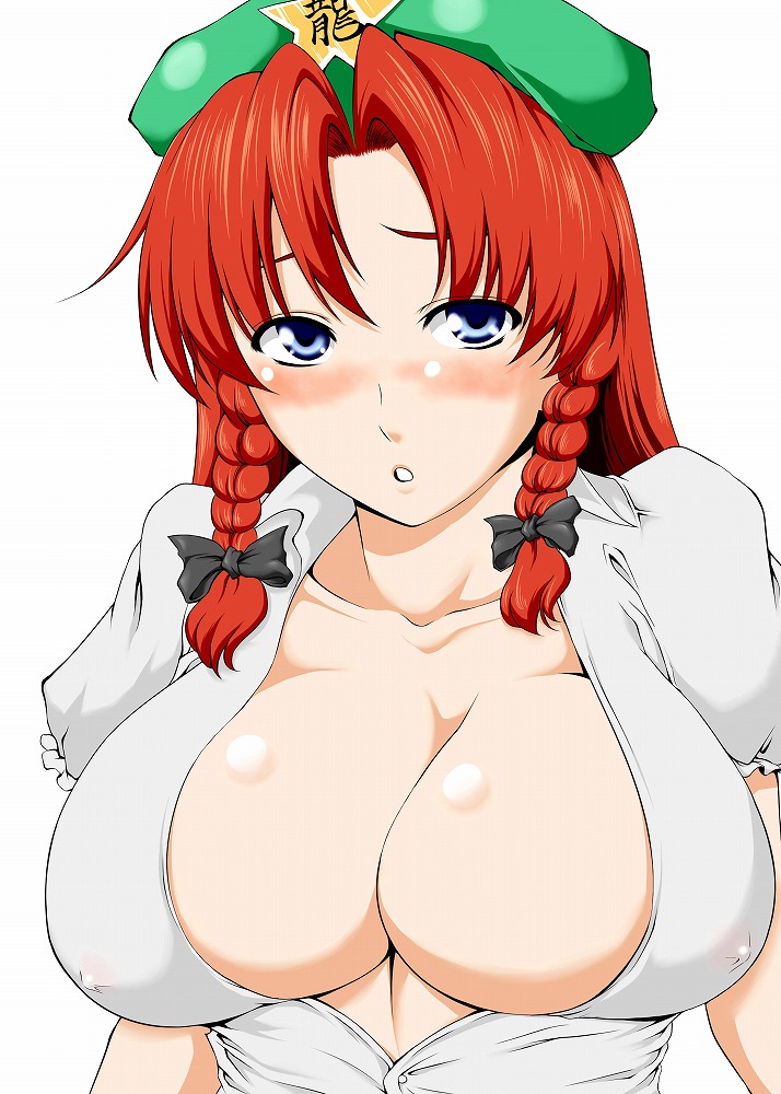 hotpants (i'm hot yet!), hong meiling, embodiment of scarlet devil, touhou, 1girl, blush, bow, braid, breasts, cleavage, female focus, hair bow, large breasts, red hair, simple background, solo, twin braids, white background