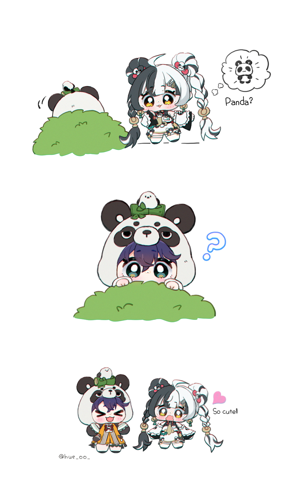 hue oo, belle (delicate sunlight) (zenless zone zero), belle (zenless zone zero), dialyn (zenless zone zero), zenless zone zero, commentary, highres, > <, 2girls, ?, ahoge, black hair, blue hair, blush, braid, braided twintails, bush, chibi, chibi only, chinese clothes, closed eyes, crossed bangs, detached sleeves, dress, dress over shirt, earrings, english text, green eyes, hair extensions, hair ornament, hairclip, hand up, hands up, heart, jewelry, long hair, motion lines, multicolored hair, multiple girls, necktie, official alternate costume, open mouth, orange dress, panda, panda hair ornament, panda hat, ring hair extensions, simple background, speech bubble, split-color hair, thighhighs, thought bubble, twitter username, white background, white dress, white hair, white thighhighs, yellow eyes, yellow necktie