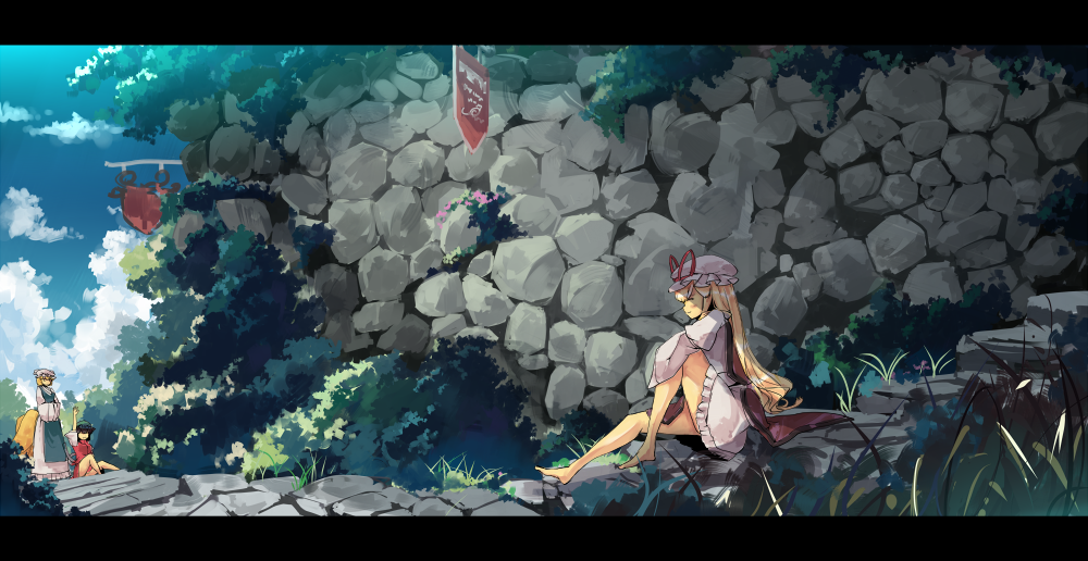 garnet, chen, yakumo ran, yakumo yukari, touhou, 3girls, animal ears, blonde hair, brown hair, cat ears, cat girl, cat tail, dress, female focus, fox tail, hat, letterboxed, long hair, multiple girls, multiple tails, nature, outdoors, plant, scenery, short hair, sky, tabard, tail