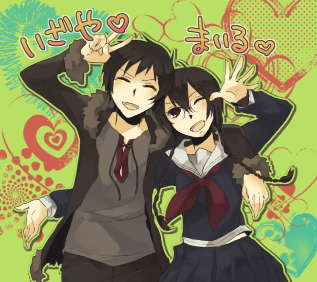 yuzu juncgr, orihara izaya, orihara mairu, durarara!!, black hair, braid, brother and sister, closed eyes, coat, heart, red eyes, school uniform, siblings, twin braids, v, wink
