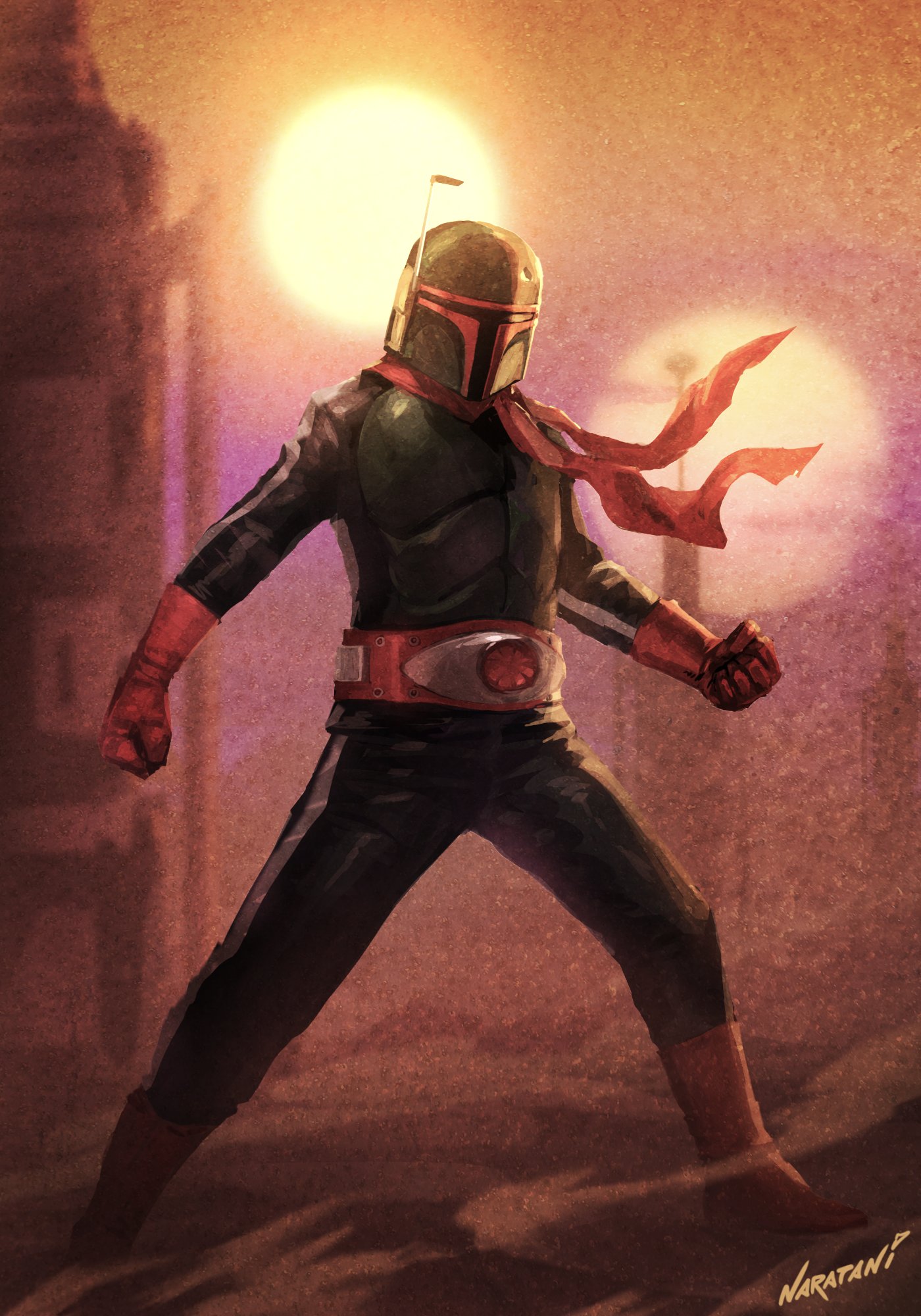 naratani, boba fett, kamen rider 2, kamen rider, kamen rider (1st series), star wars, hashtag-only commentary, highres, 1boy, armor, artist name, belt, black pants, black shirt, boots, building, clenched hands, cosplay, desert, full body, gloves, green armor, green helmet, helmet, kamen rider 2 (cosplay), legs apart, male focus, mandalorian, mandalorian helmet, outdoors, pants, radio antenna, red belt, red boots, red gloves, red scarf, sand, scarf, science fiction, shirt, signature, solo, standing, sun, tatooine, typhoon (kamen rider)