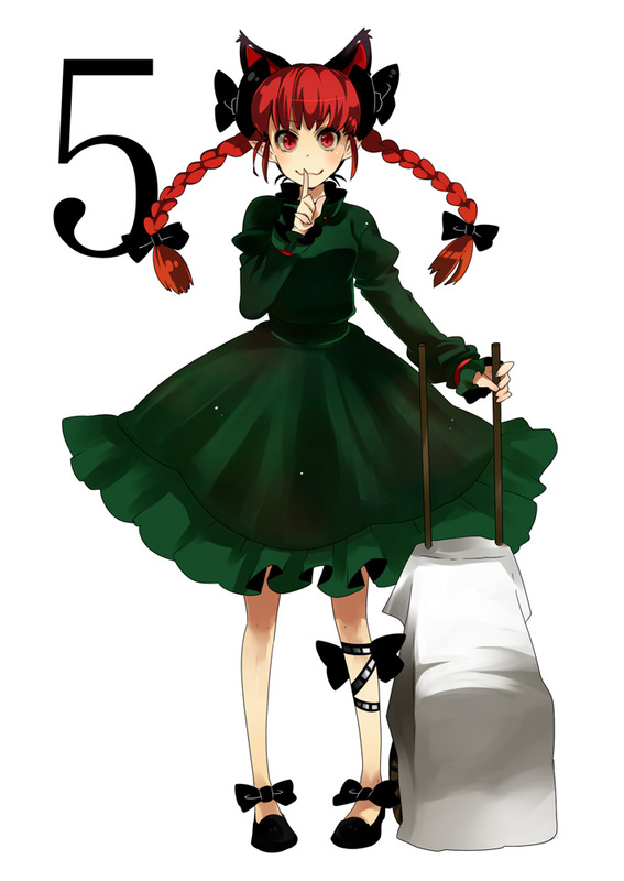 kakueki-teisha, kaenbyou rin, hush, touhou, 1girl, :3, animal ears, bow, braid, cat ears, cat girl, dress, extra ears, female focus, front, full body, green dress, hair ribbon, pointy ears, red eyes, red hair, ribbon, short hair, simple background, solo, standing, twin braids, wheelbarrow, white background