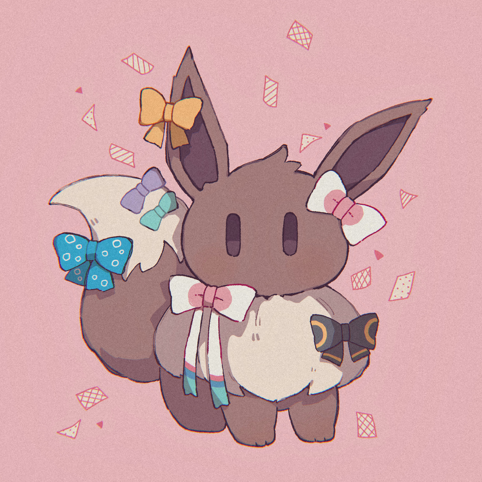 piyoyoyo4, eevee, sylveon, umbreon, vaporeon, nintendo, pokemon, highres, bow, brown eyes, brown fur, character print, confetti, ear bow, full body, gen 1 pokemon, gen 2 pokemon, gen 6 pokemon, looking at viewer, no humans, no mouth, pink background, pokemon (creature), pokemon focus, simple background, solo, tail, tail bow, tail ornament