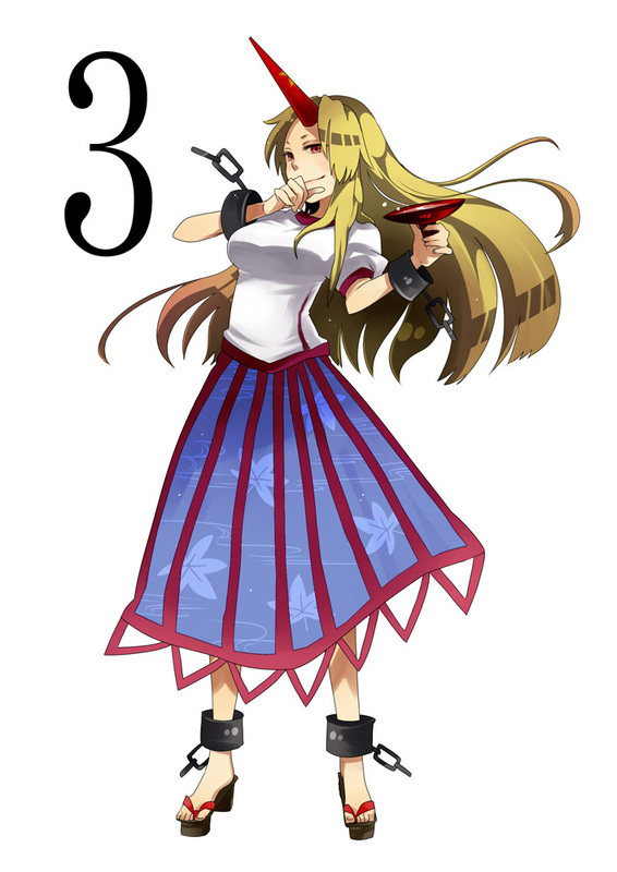 kakueki-teisha, hoshiguma yuugi, touhou, 1girl, blonde hair, chain, chained, cup, dress, drink, feet, female focus, front, full body, geta, horns, long hair, red eyes, sakazuki, simple background, single horn, solo, standing, toes, white background