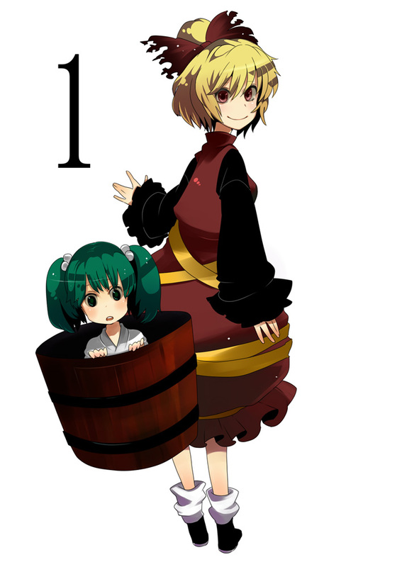 kakueki-teisha, kisume, kurodani yamame, touhou, 2girls, blonde hair, bow, bucket, dress, female focus, green eyes, green hair, hair bobbles, hair ornament, hair ribbon, in bucket, in container, multiple girls, red eyes, ribbon, short hair, simple background, standing, twintails