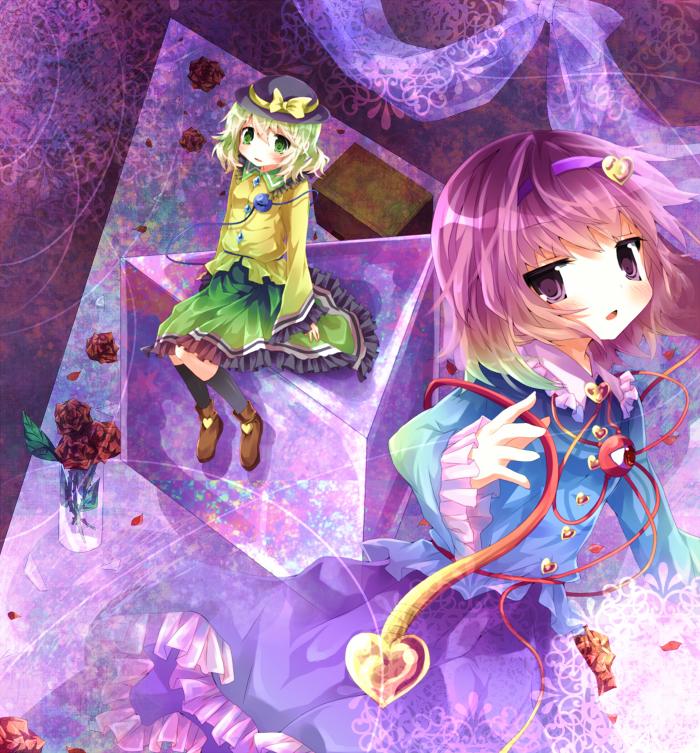 chiruku, komeiji koishi, komeiji satori, touhou, bad id, bad pixiv id, 2girls, female focus, flower, green eyes, green hair, hairband, hat, heart, multiple girls, purple eyes, purple hair, rose, short hair, siblings, sisters