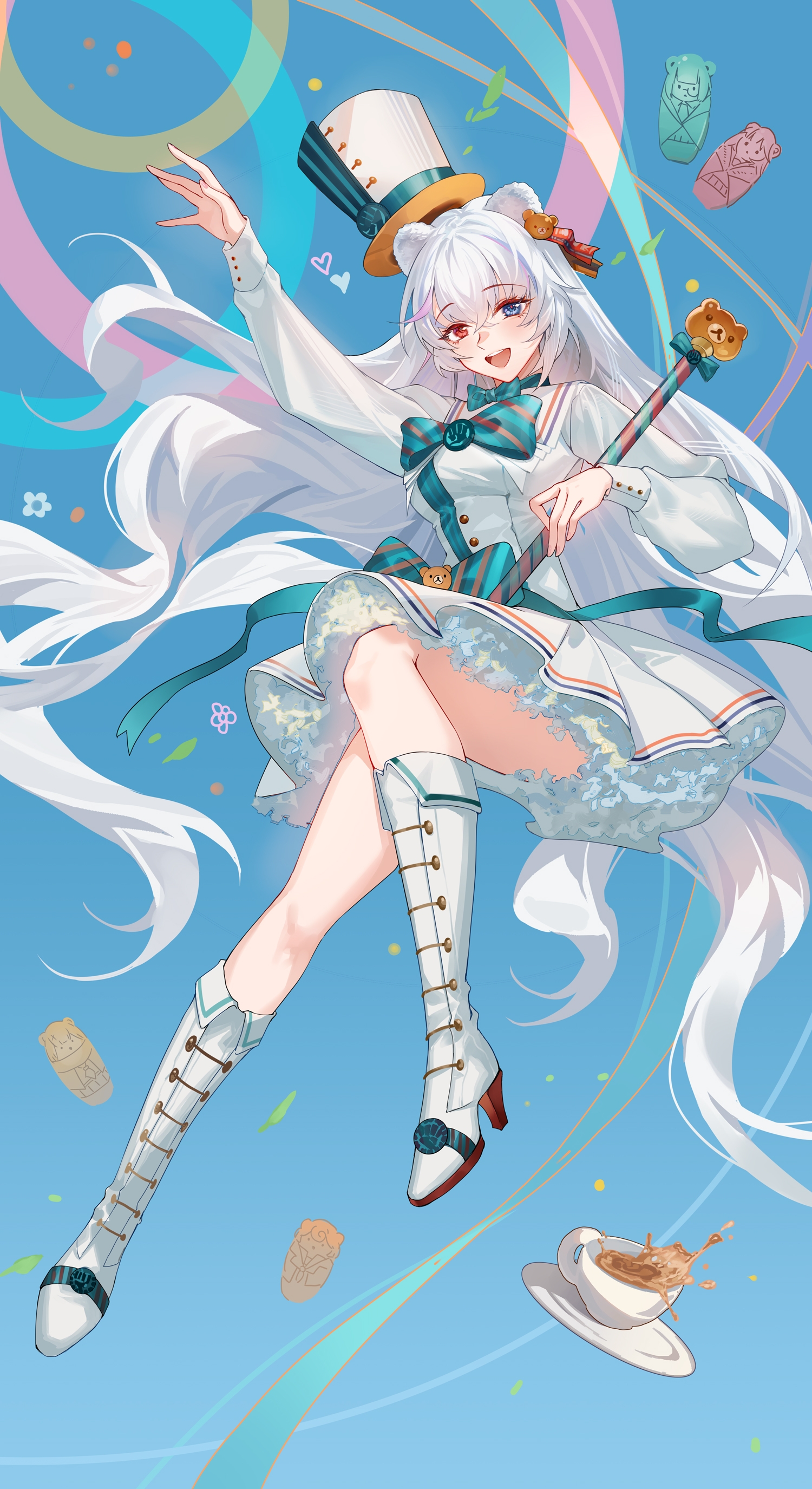 hongbaise raw, rilakkuma, rosa (arknights), arknights, san-x, absurdres, commentary, highres, symbol-only commentary, 1girl, :d, animal ears, aqua bow, aqua bowtie, arm up, bear ears, bear girl, bear hair ornament, blue background, blue eyes, boots, bow, bowtie, cup, dress, floating hair, fold-over boots, full body, hair ornament, hand up, hat, heart, heterochromia, holding baton, knee boots, knee up, layered dress, long hair, long sleeves, looking at viewer, matryoshka doll, official alternate costume, open mouth, puffy long sleeves, puffy sleeves, red eyes, rosa (forever together) (arknights), saucer, short dress, smile, solo, spilling, tea, teacup, teeth, top hat, upper teeth only, very long hair, white boots, white dress, white hair, white hat