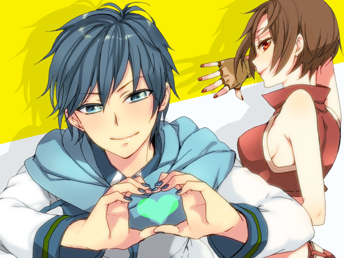 wara (343587aa), kaito (vocaloid), meiko (vocaloid), vocaloid, 1boy, 1girl, blue eyes, blue hair, blue scarf, brown hair, fingerless gloves, gloves, heart, heart hands, red eyes, scarf, short hair, smile