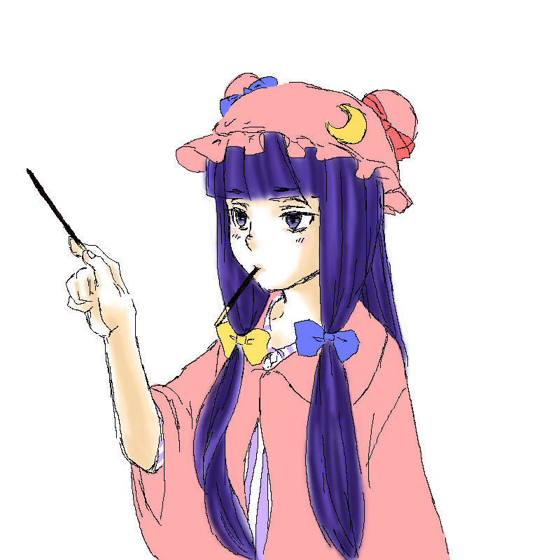 kao-ism, utsuki (clown), patchouli knowledge, touhou, bad id, bad pixiv id, 1girl, female focus, food, hat, holding, long hair, mouth hold, pocky, purple hair, simple background, solo