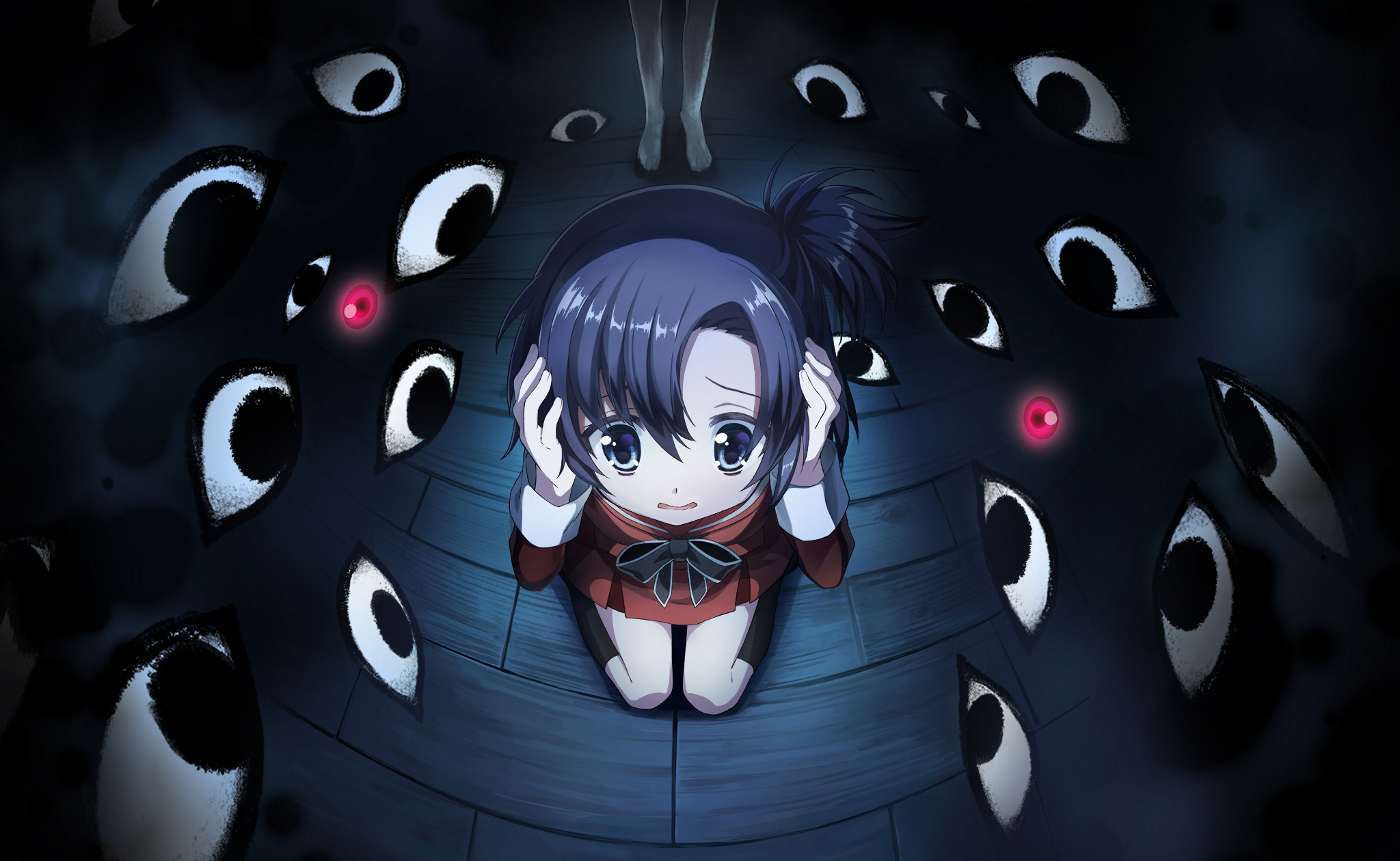 asako koito, mahou shoujo madoka magica, mahou shoujo madoka magica magia exedra, mahou shoujo oriko magica, artist request, game cg, highres, official art, third-party source, 1girl, asymmetrical bangs, barefoot, black bow, black bowtie, black hair, black socks, bow, bowtie, dark, disembodied eye, dot nose, full body, grey eyes, hair between eyes, hands on own head, indoors, kneehighs, kneeling, long sleeves, looking ahead, miniskirt, night, open mouth, pleated skirt, raised inner eyebrows, red sailor collar, red serafuku, red shirt, red skirt, sailor collar, scared, school uniform, serafuku, shadow, shiraha private academy school uniform, shirt, short hair, short side ponytail, skirt, sleeve cuffs, socks, solo focus, tareme, wavy mouth, wooden floor