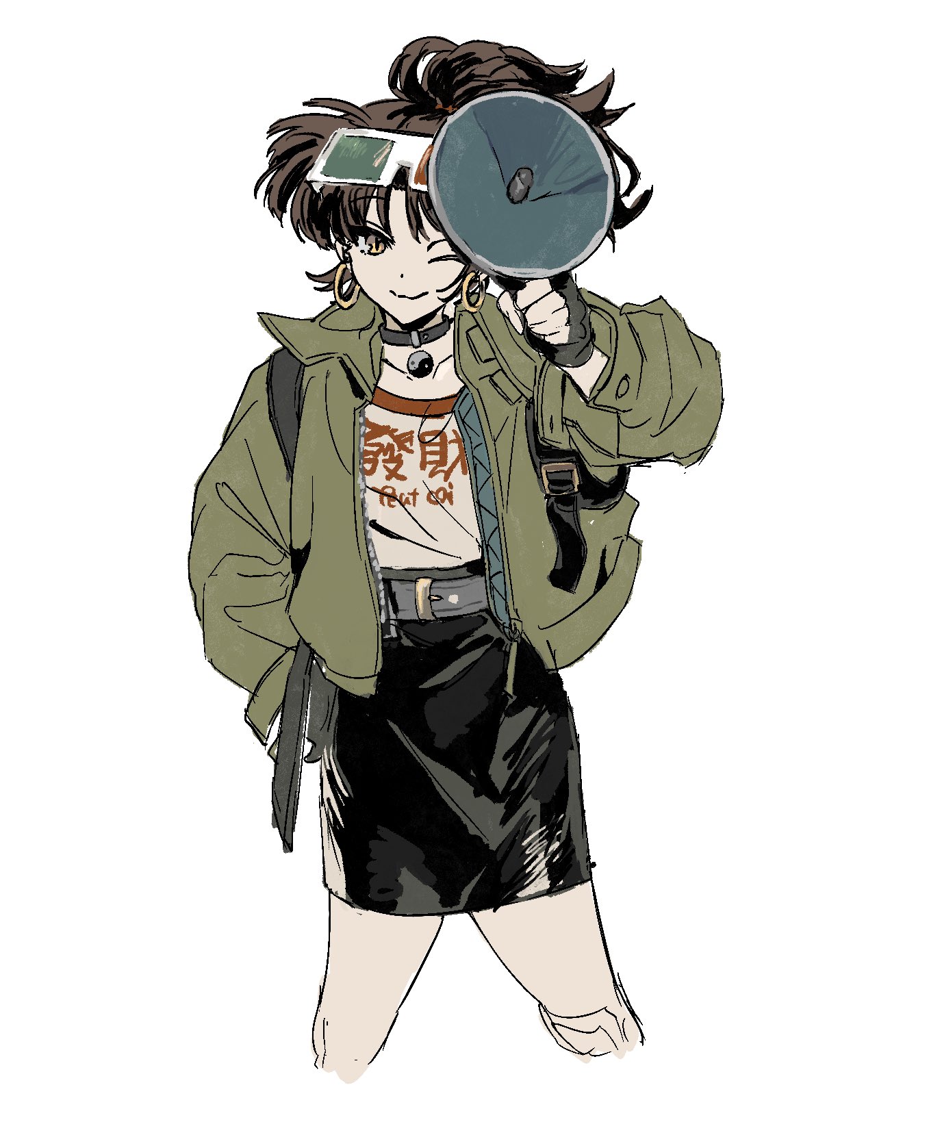 an-an lee, reverse:1999, highres, 1girl, 3d glasses, ;3, black hair, black skirt, clothes writing, cowboy shot, crossed legs, eyewear on head, fingerless gloves, gloves, green jacket, hand up, holding, holding megaphone, jacket, looking at viewer, magu (maguro1999aka), medium hair, megaphone, miniskirt, one eye closed, pencil skirt, shirt, skirt, solo, white background, white shirt, yellow eyes