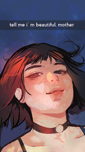 angela he, lowres, non-web source, official art, 1girl, black eyes, black hair, bob cut, caption, english text, half-closed eyes, heart cheeks, looking at viewer, missed messages, o-ring collar, portrait, short hair, smirk, solo, spaghetti strap